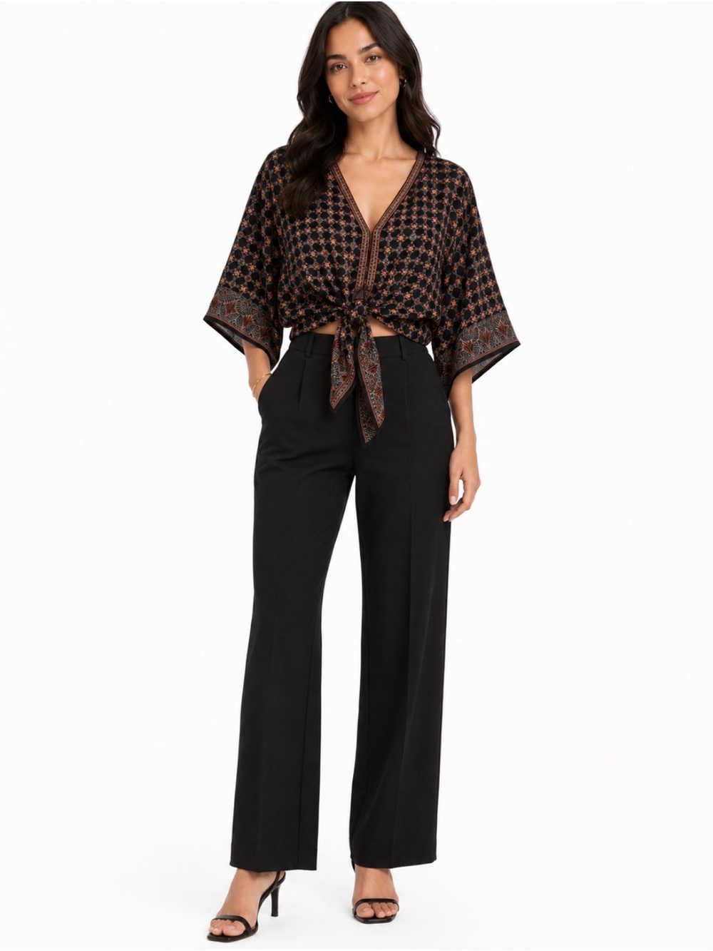 Max Studio Black & Rust Geometric Print V-Neck Top
